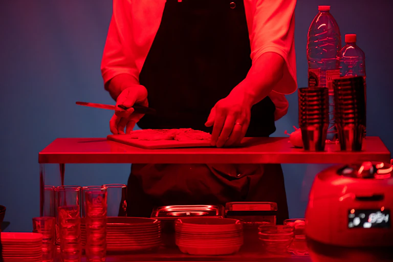 Theatre image: a close up on hands cooking.