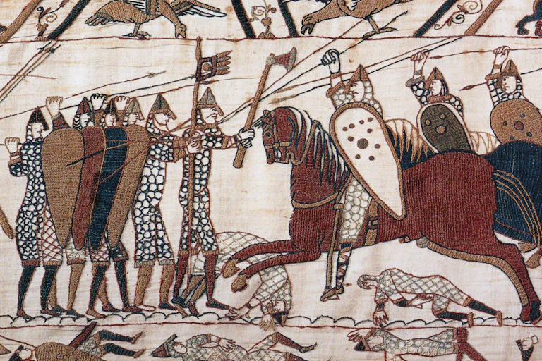 A scene from the Bayeux Tapestry depicting the Battle of Hastings. Soldiers on foot fight soldiers on horseback
