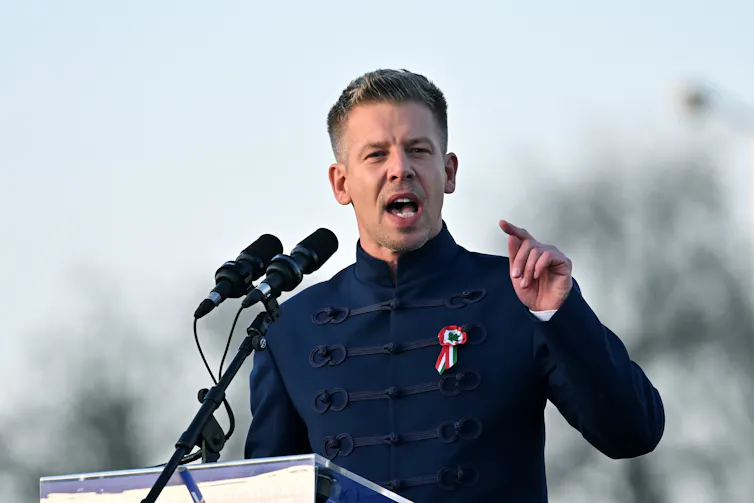 Peter Magyar addresses his supporters at a rally in Budapest.