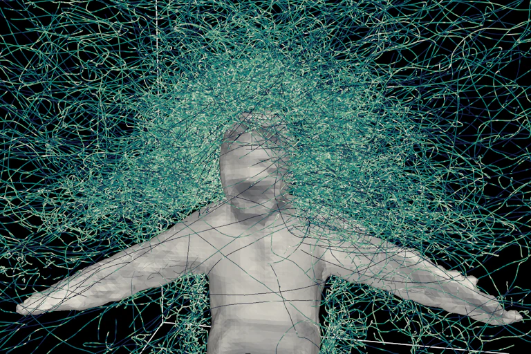 white silhouette of a human upper body surrounded by what look like filaments, concentrated around the head