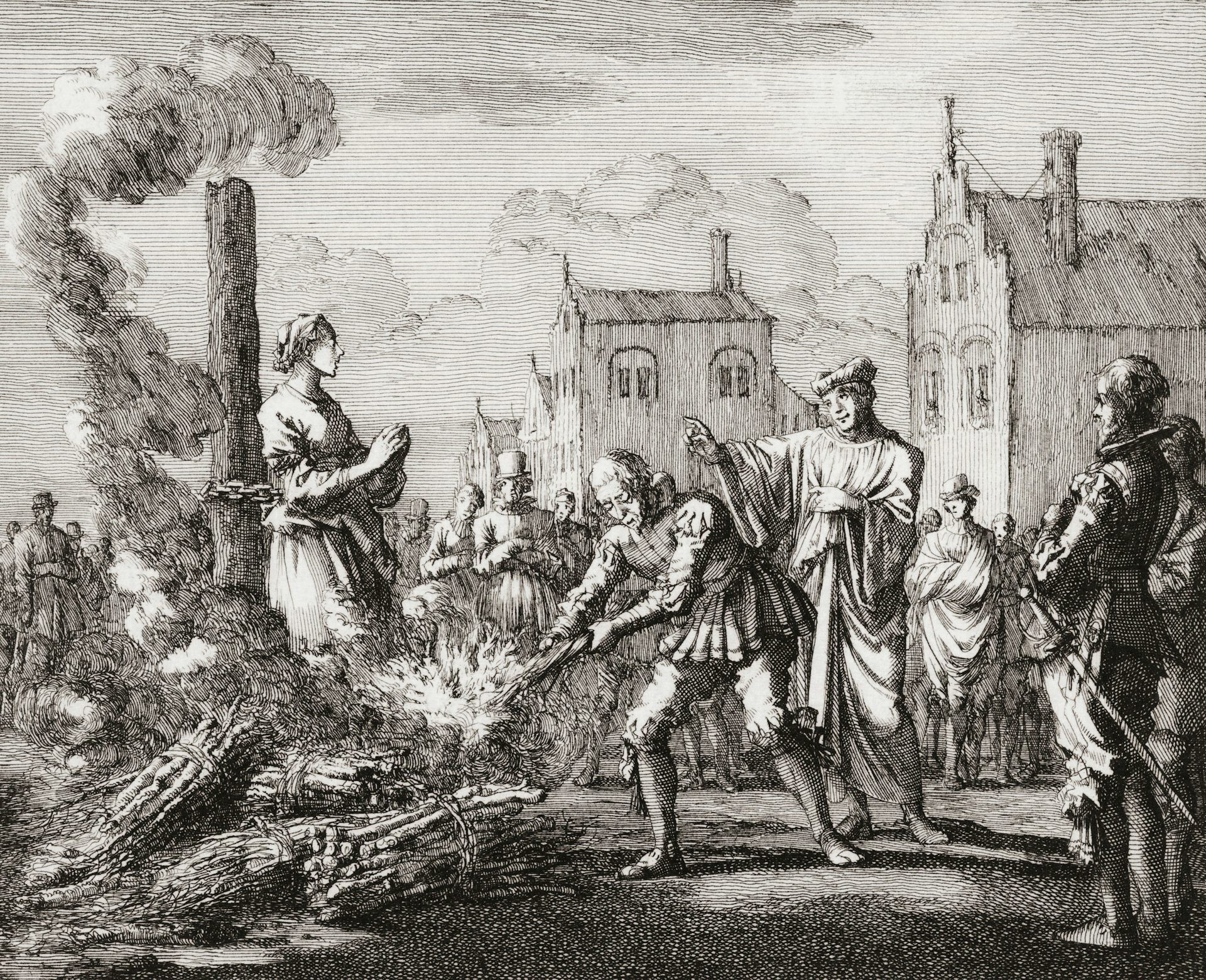 Engraving of a woman being burned at the stake