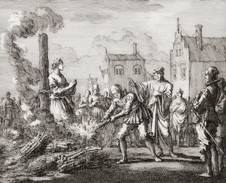 Engraving of a woman being burned at the stake