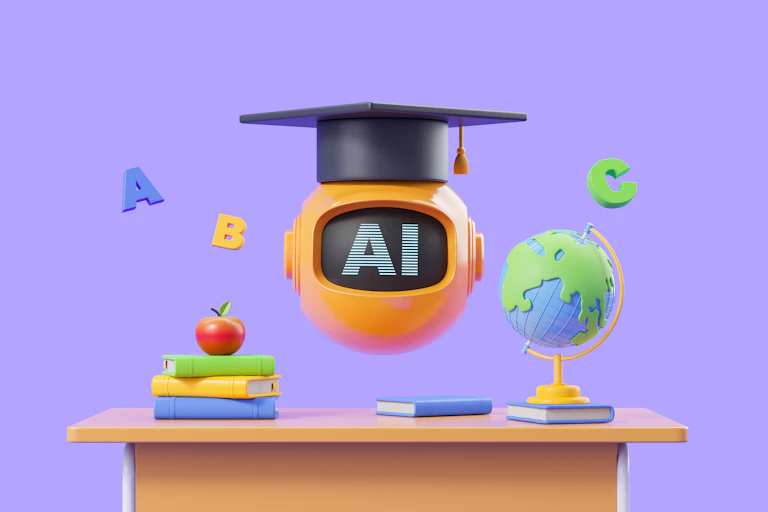 A circle that says AI has a graduation cap on it hovers above a desk, which has books, an apple and a small tree on it in a cartoon image.