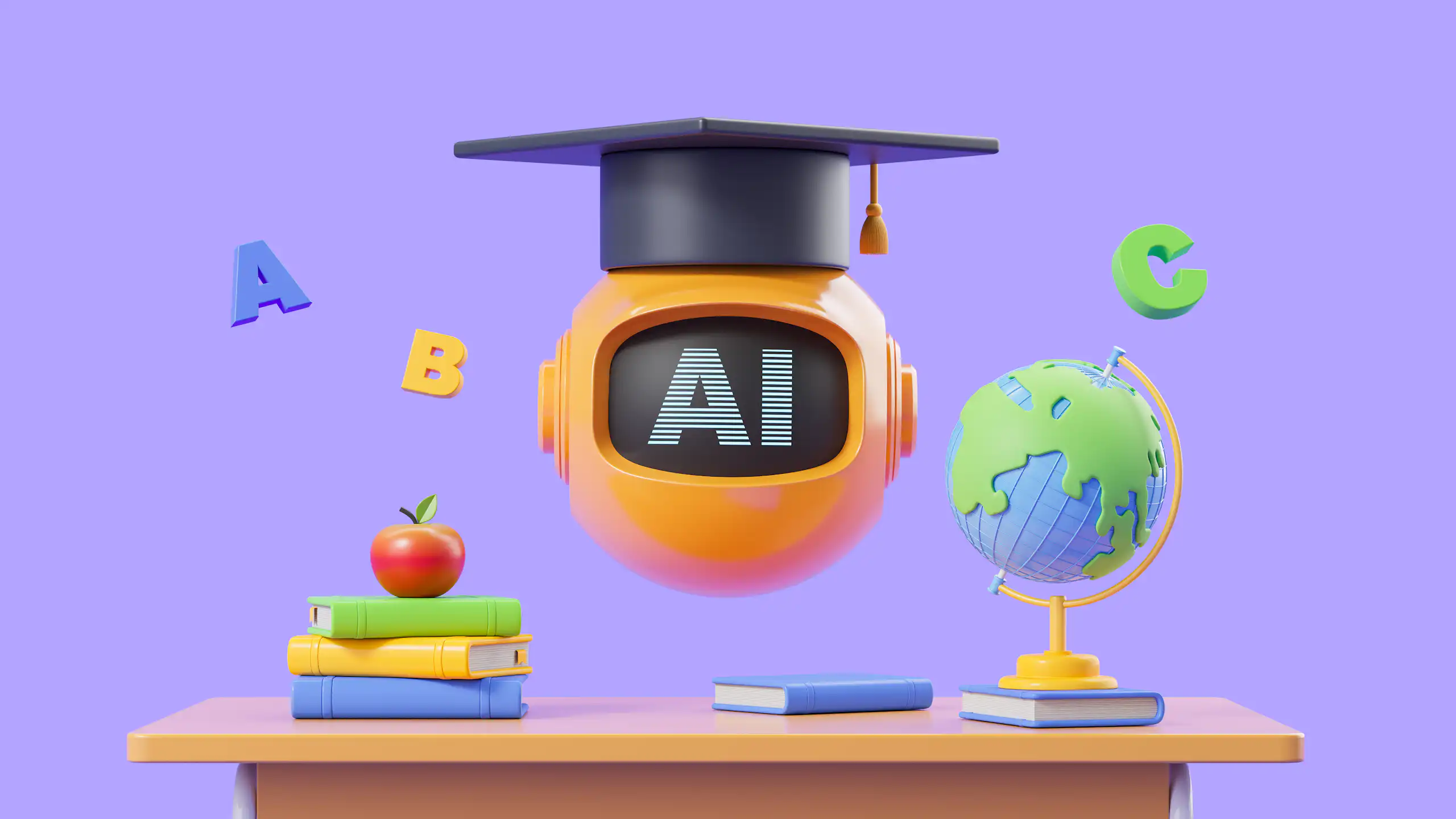 A circle that says AI has a graduation cap on it hovers above a desk, which has books, an apple and a small tree on it in a cartoon image.