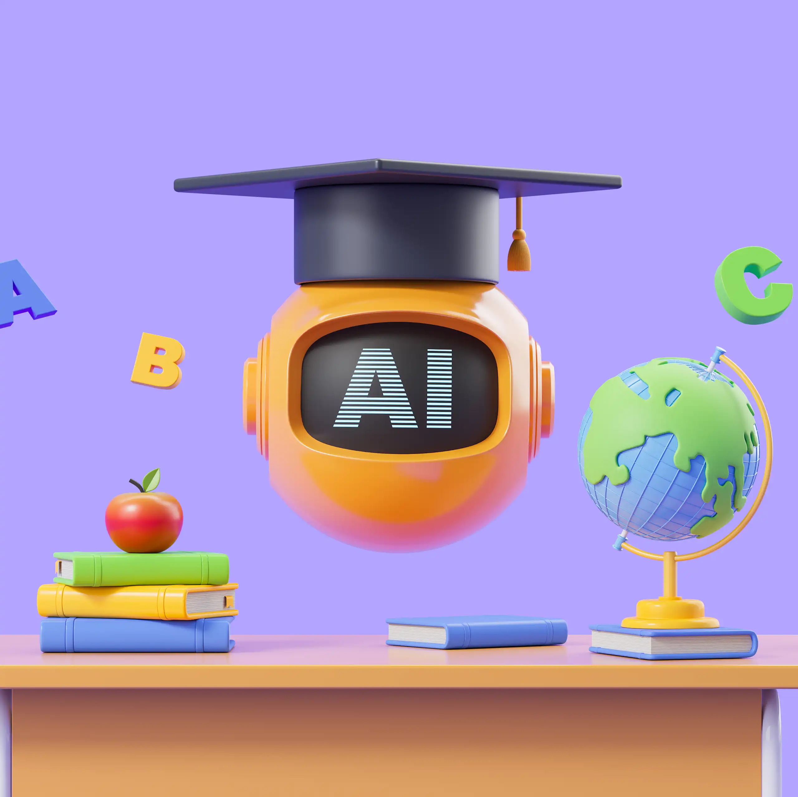 A circle that says AI has a graduation cap on it hovers above a desk, which has books, an apple and a small tree on it in a cartoon image.