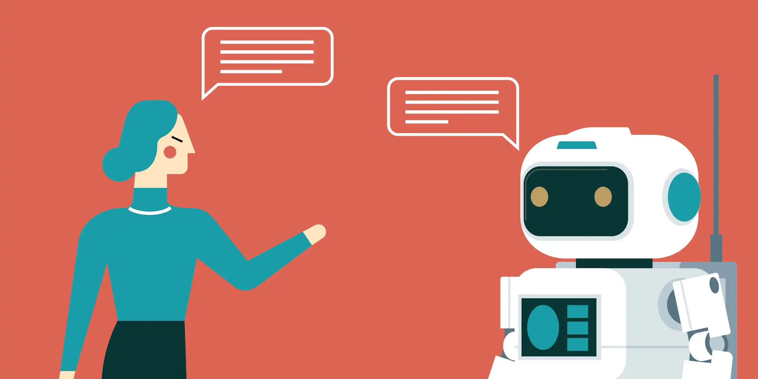 cartoon of a woman and a humanoid robot talking to each other