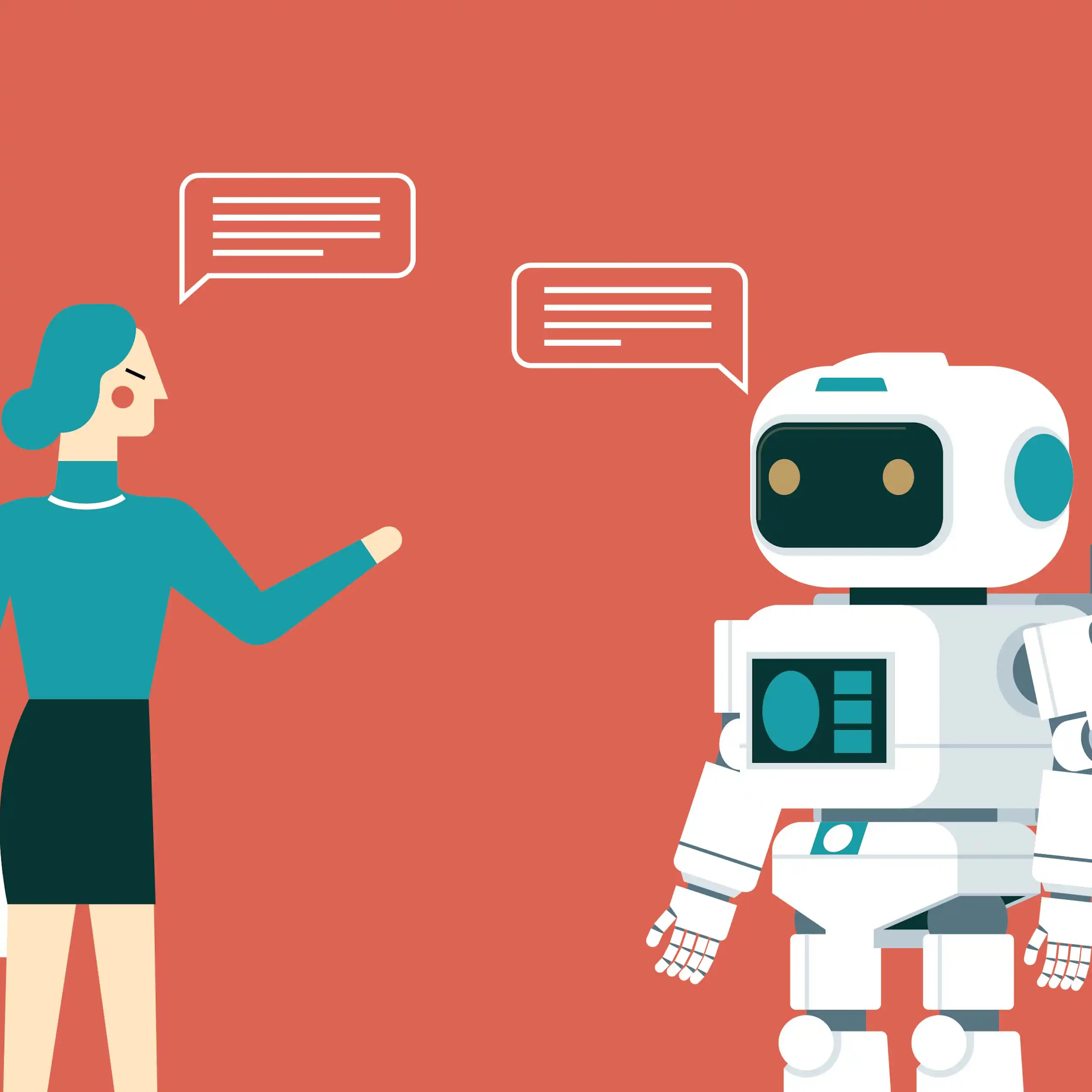 cartoon of a woman and a humanoid robot talking to each other