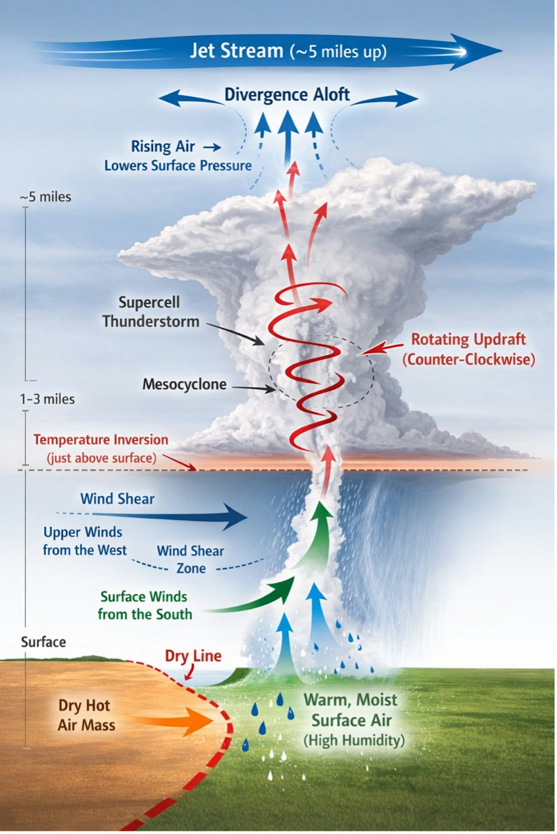 An illustration of a tornado showing the ingredients that help it form.