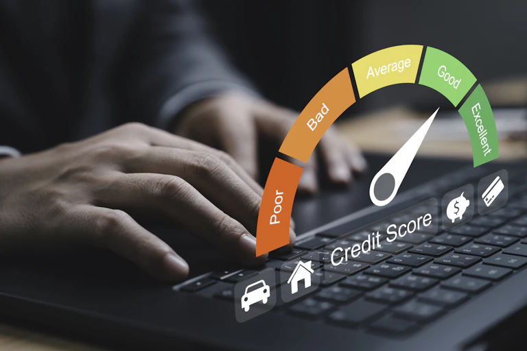 Hands type on a keyboard, as the words 'credit score' and a colored chart float above.