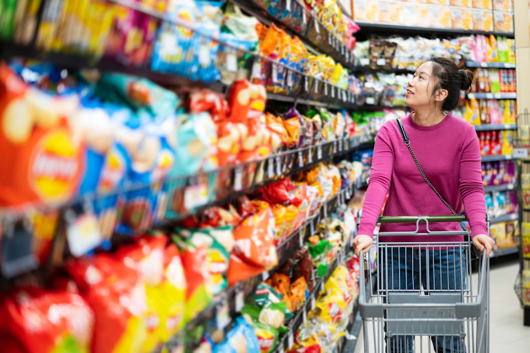 A person walking along a supermarket aisle