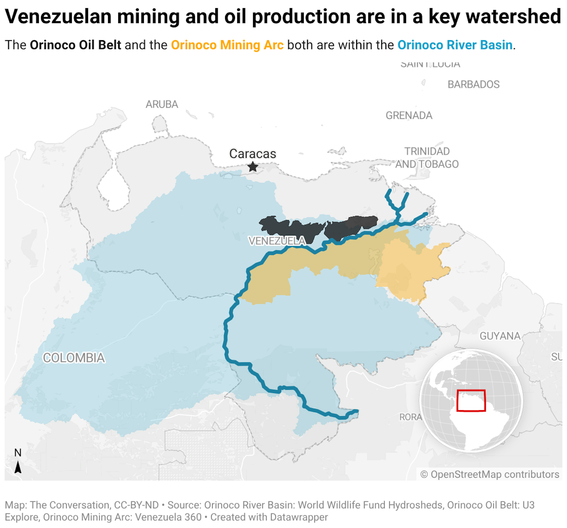 The Orinoco Oil Belt and the Orinoco Mining Arc both are within the Orinoco River Basin.