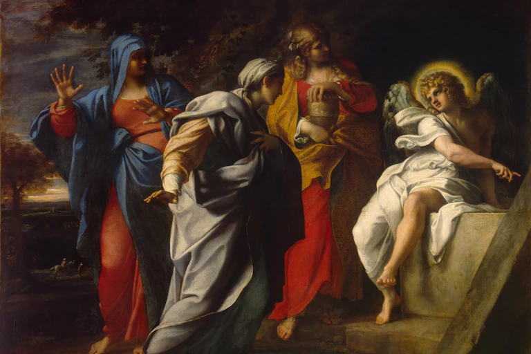 A dark painting with three women in jewel-toned robes, speaking with an angel in white robes and a halo.