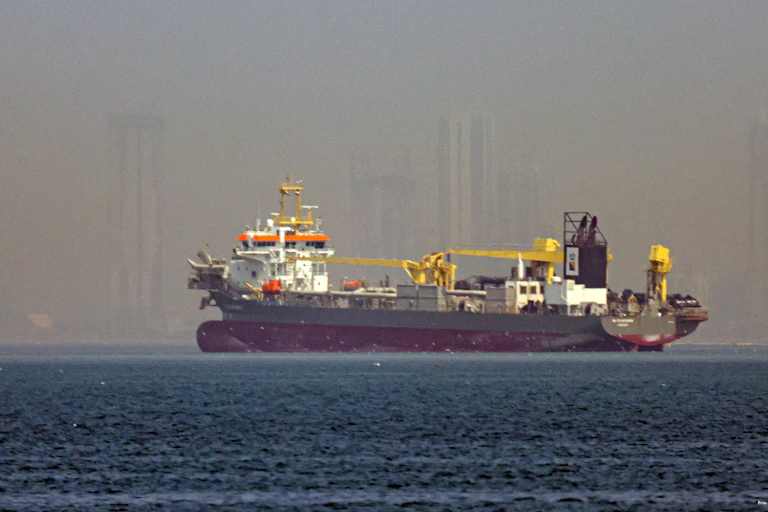 A vessel is seen anchoring off the Strait of Hormuz.