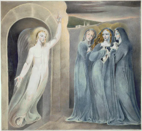 An illustration in faded colors of three women in blue robes huddling together as a ghostly figure with a halo speaks to them.