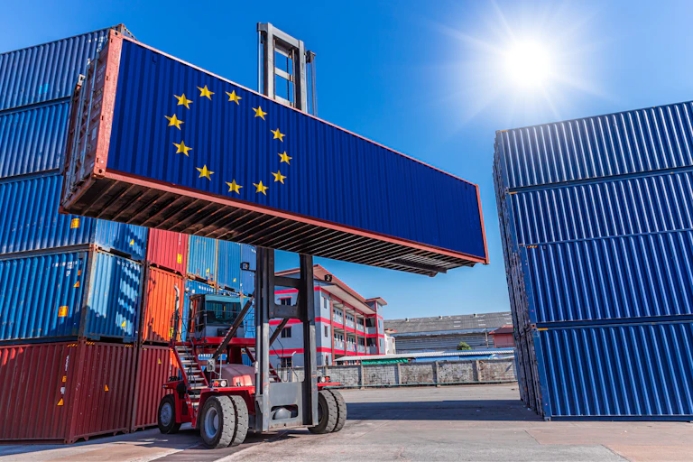 A heavy-duty forklift truck picks up a container