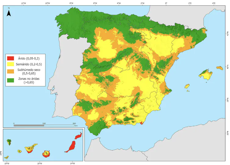 Mapa que muestra la aridez en las diferentes regiones de España por colores, de verde a rojo (mayor aridez).