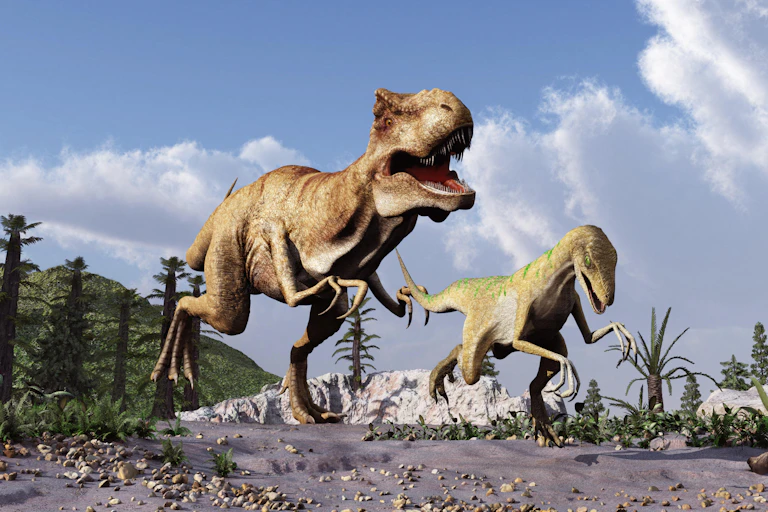 Artist's impression of a Tyrannosaurus rex chasing a Velociraptor