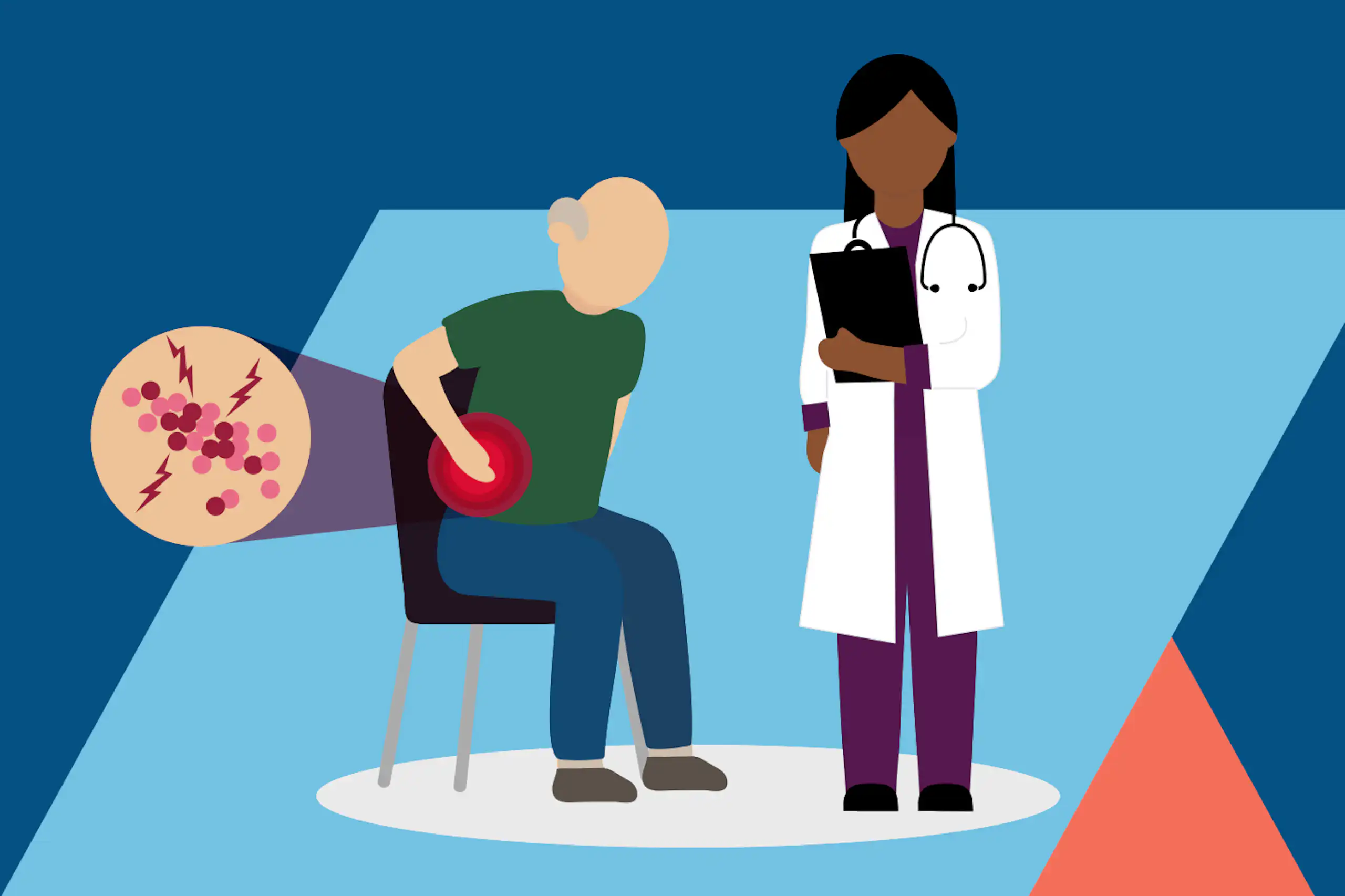 Illustration of a man with sitting in a chair with a rash on his side, and a doctor in white coat