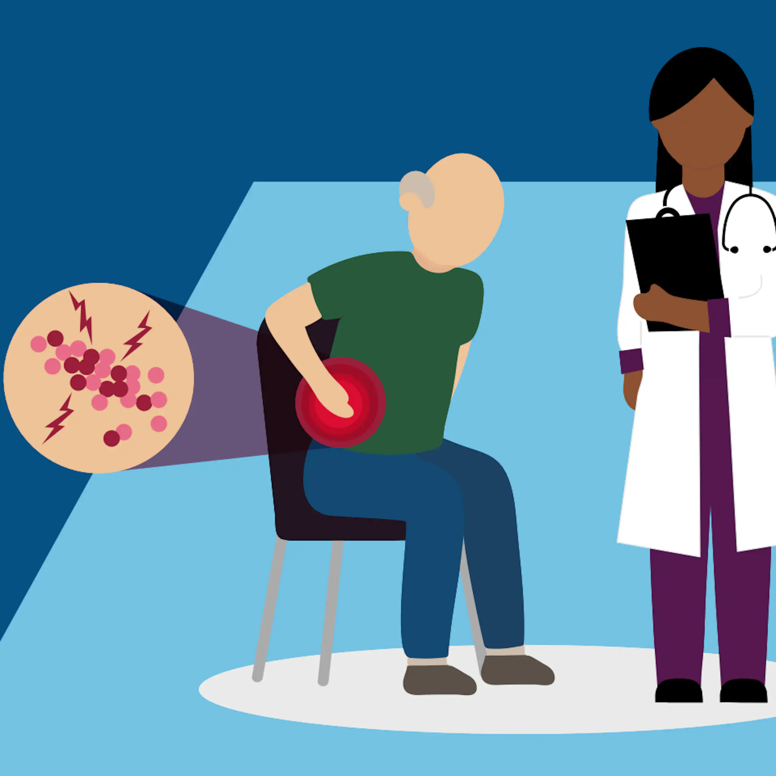 Illustration of a man with sitting in a chair with a rash on his side, and a doctor in white coat