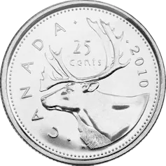 a silver 25 cent coin featuring a caribou with antlers