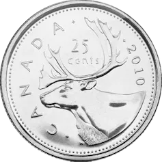 a silver 25 cent coin featuring a caribou with antlers