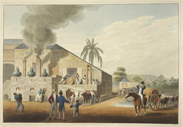Peinture représentant une maison de séchage et une distillerie de rhum à Antigua