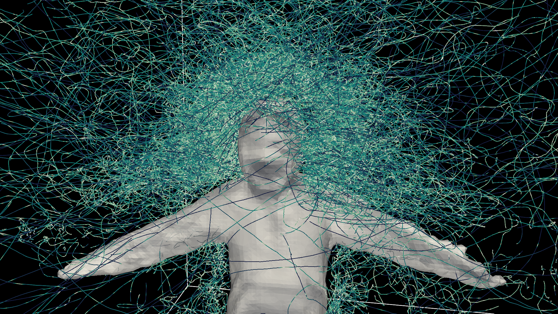 Ilustra&ccedil;&atilde;o das trajet&oacute;rias dos mosquitos voando ao redor de um alvo humano