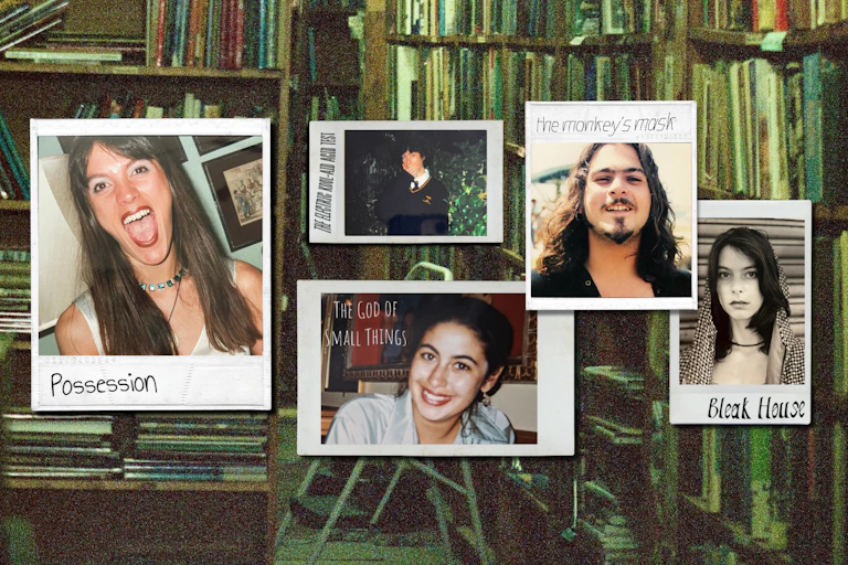 5 photos of authors in the 1990s, against a background of bookshelves