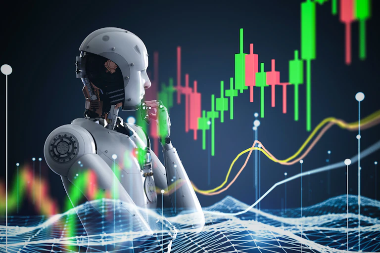 'Thoughtful' humanoid robot with financial graphics.