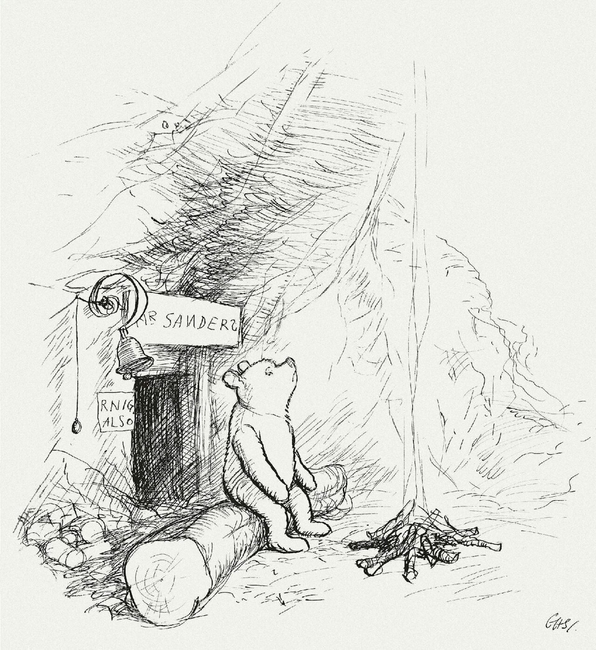 A line and ink illustration of Winnie-the-Pooh sitting under a tree.