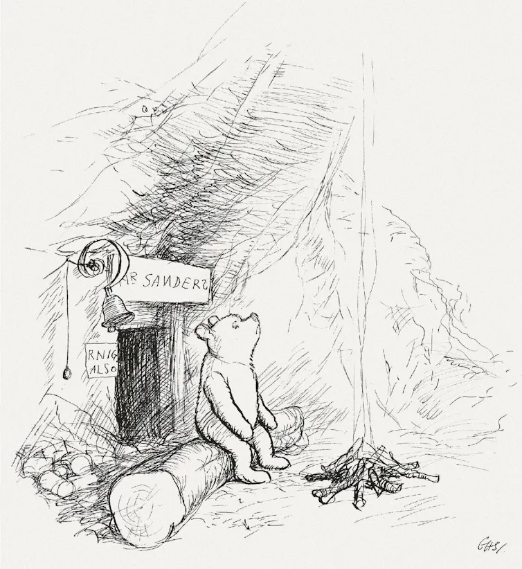 A line and ink illustration of Winnie-the-Pooh sitting under a tree.
