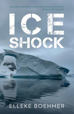 A book cover with a photo of an iceberg reflected in ocean water