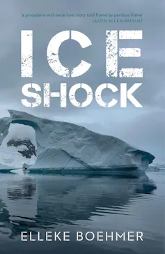 A book cover with a photo of an iceberg reflected in ocean water