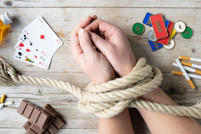 Mains ligotées avec une bouteille d'alcool, des cartes, des cigarettes, des pilules et du chocolat.