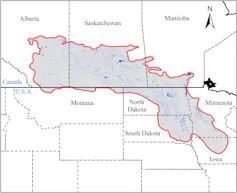 mapa que muestra una parte prominente del centro de América del Norte a lo largo de la frontera entre Canadá y Estados Unidos
