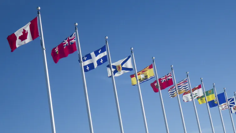 A series of flags shown in a row, leading with a maple leaf Canadian flag followed by flags of provinces.