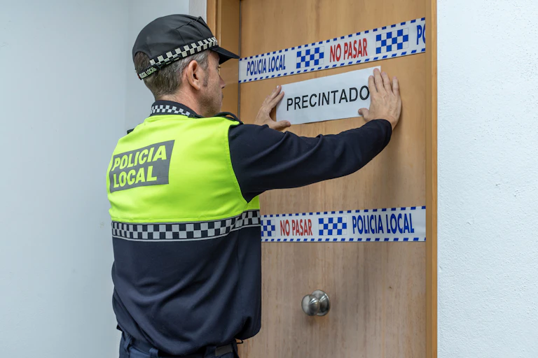 Un policía local pone una cinta en la puesta de una cosa donde puede leerse "PRECINTADO"