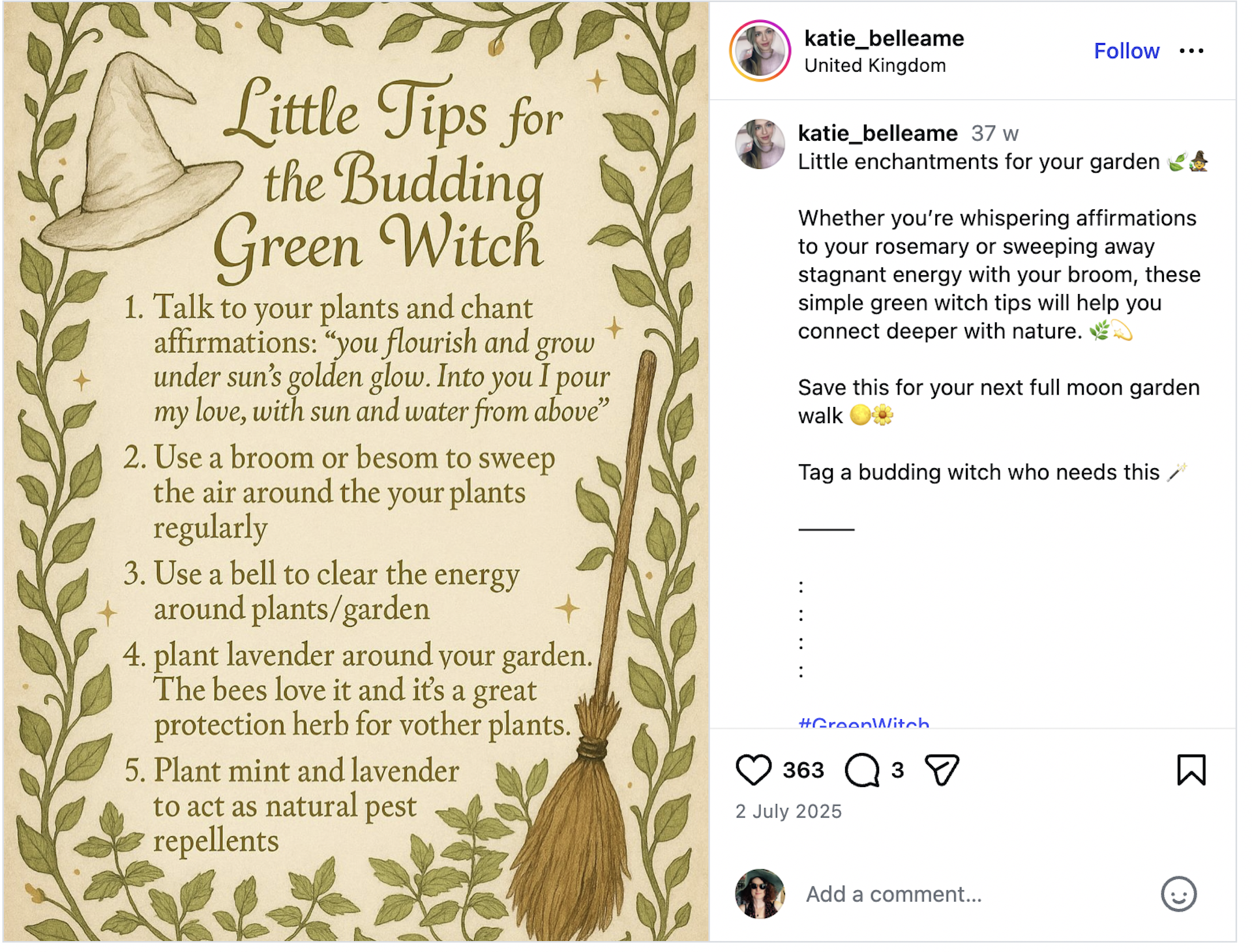An Instagram post about witch tips.