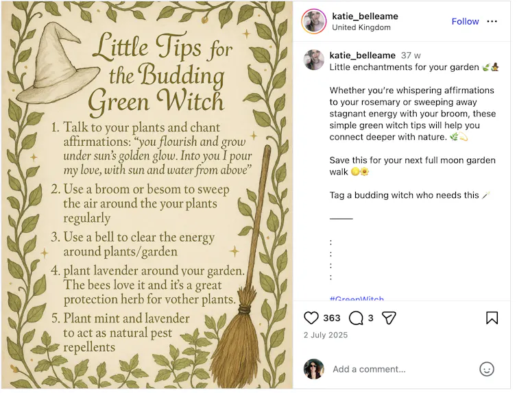 An Instagram post about witch tips.