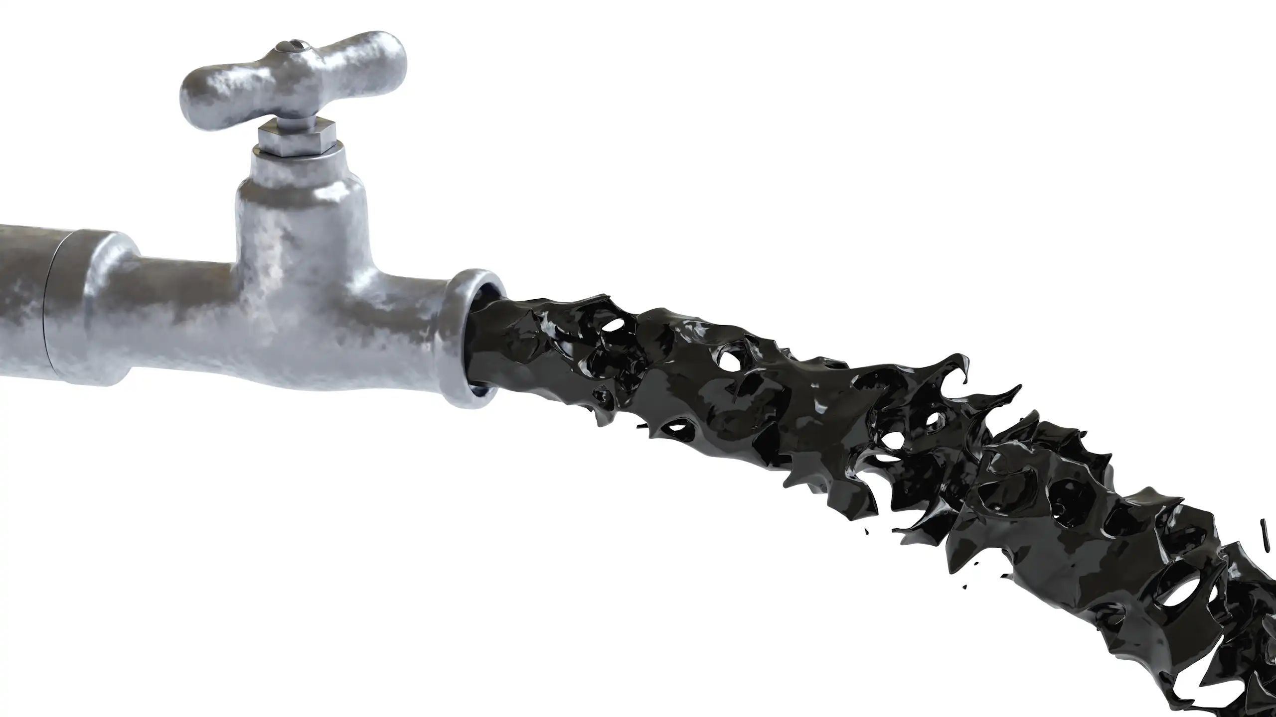 A faucet spews forth a dark liquid.