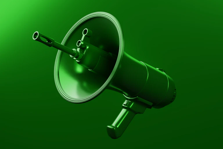 A green megaphone with military gun and bullet rendering.