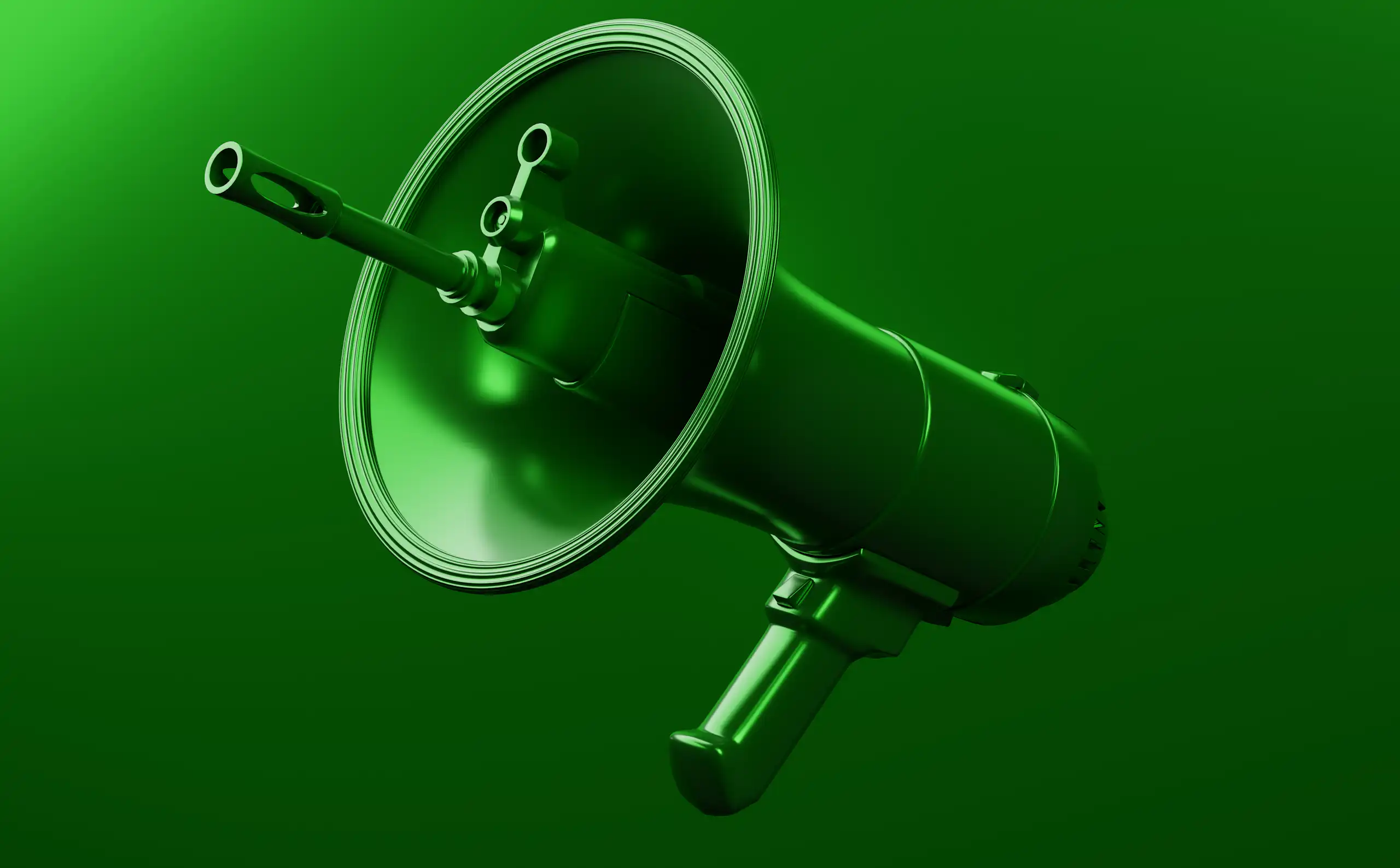 A green megaphone with military gun and bullet rendering.