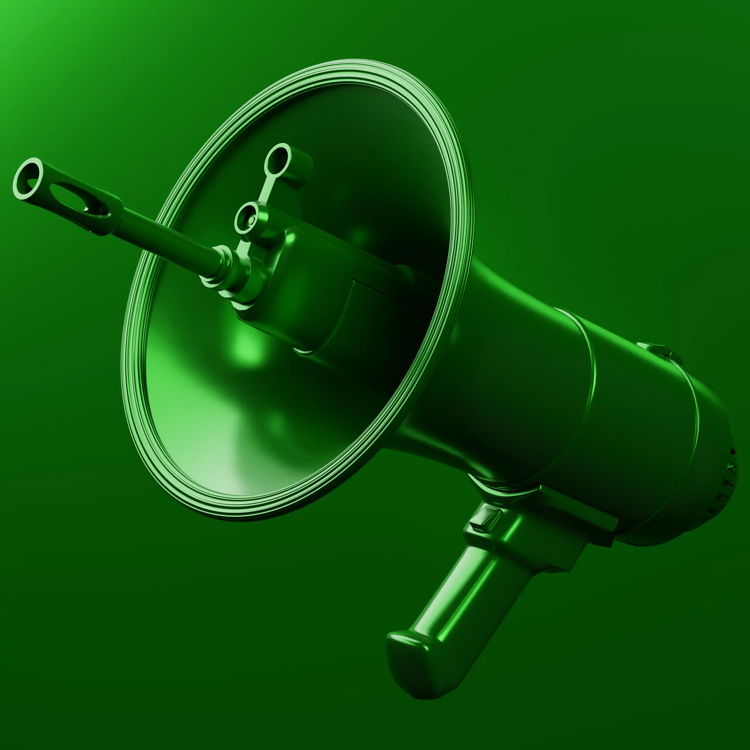 A green megaphone with military gun and bullet rendering.