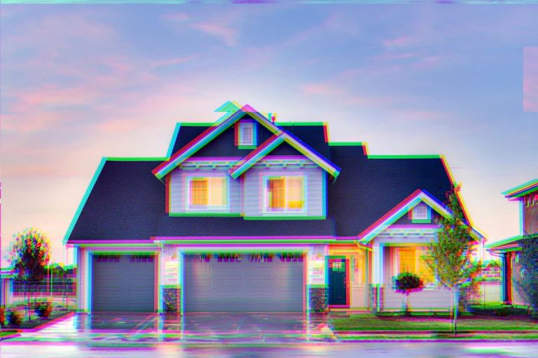 A front on view of a large suburban home, with glitch effect.