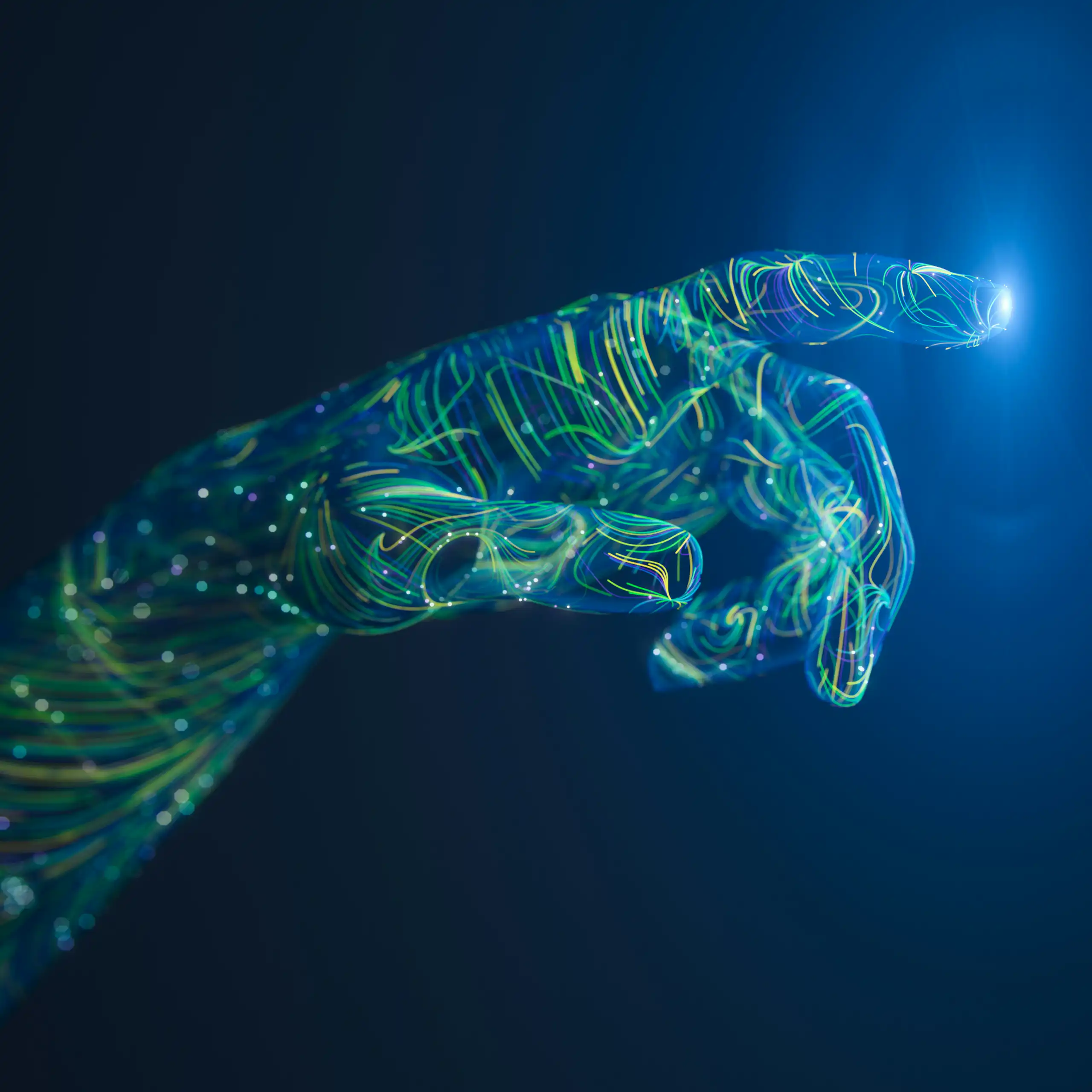 computer wiring in the form of a human hand reaching out against a dark background