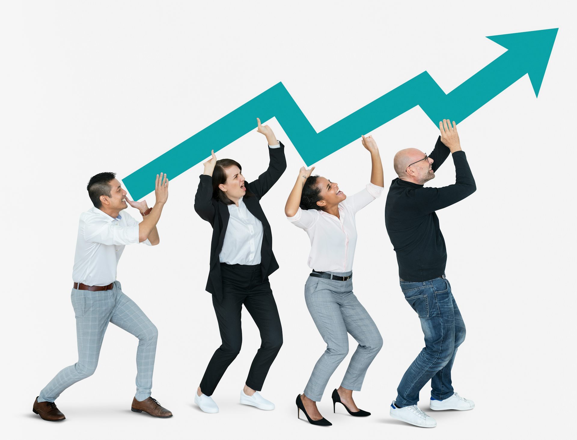 Four employees carry an arrow representing company profits on the rise