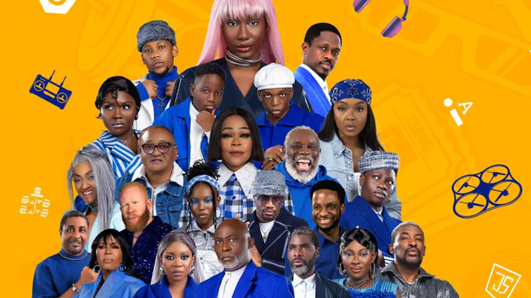 A movie poster with an image of many African characters of all ages, dressed mostly in blue, against a bright yellow backdrop.