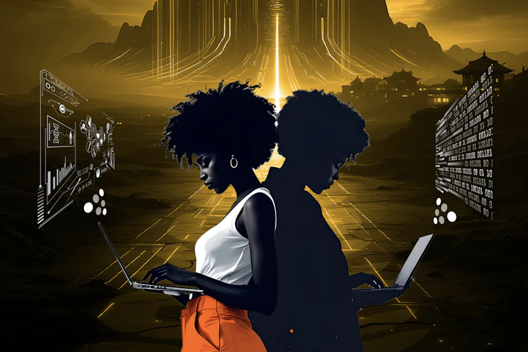 Graphic of young women, back to back. looking at laptop screens, with streaks of light leading up a mountainside in the background