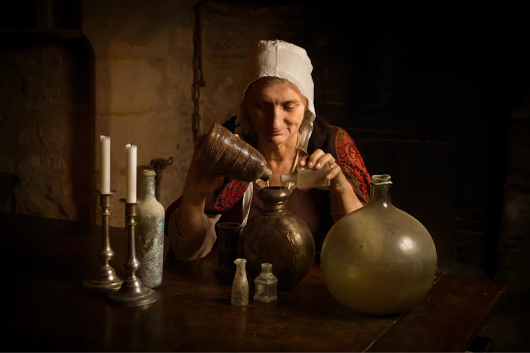 Recreación de una mujer medieval preparando ungüentos.