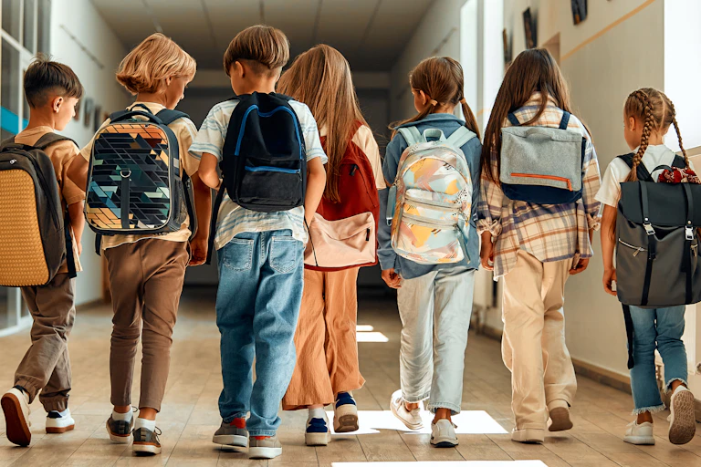 seven young students wearing backpacks walking down school hallway